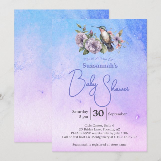 Invitación Fiesta de Bebé con Acuarela Pastel de Colibrí (Anverso / Reverso)