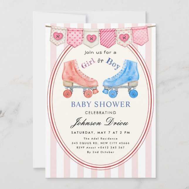 Invitación Fiesta de Bebé con Acuarela Rosa | Patineta (Anverso)