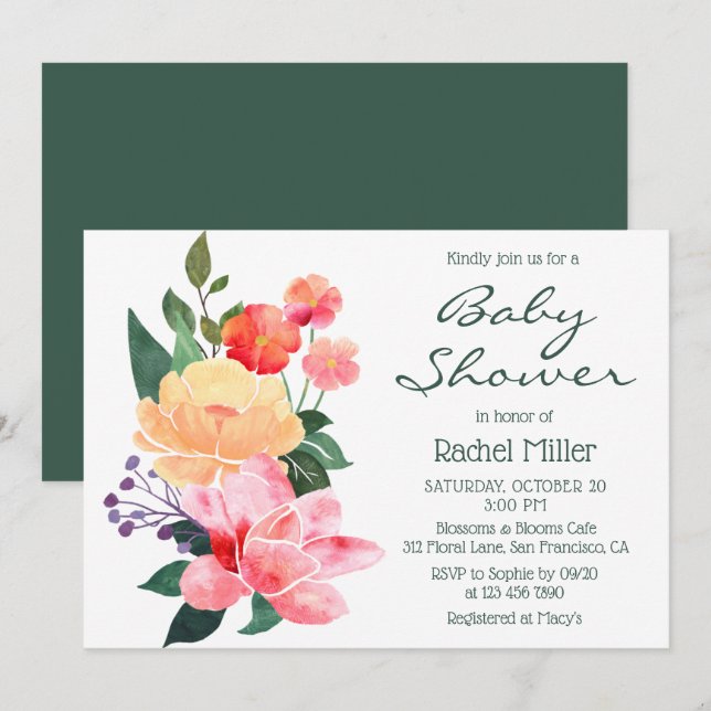 Invitación Fiesta de Bebé con Acuarela Rosa y Melocotón (Anverso / Reverso)