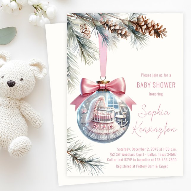 Invitación Fiesta de Bebé con Adorno Rosa (Tree ornament baby shower invitation with glass ornament with baby girl pink nursery scene inside.)
