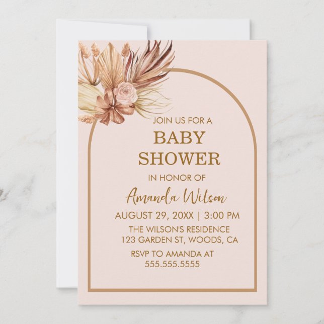 Invitación Fiesta de Bebé con Arco de Pasto Pampas Boho Neutr (Anverso)