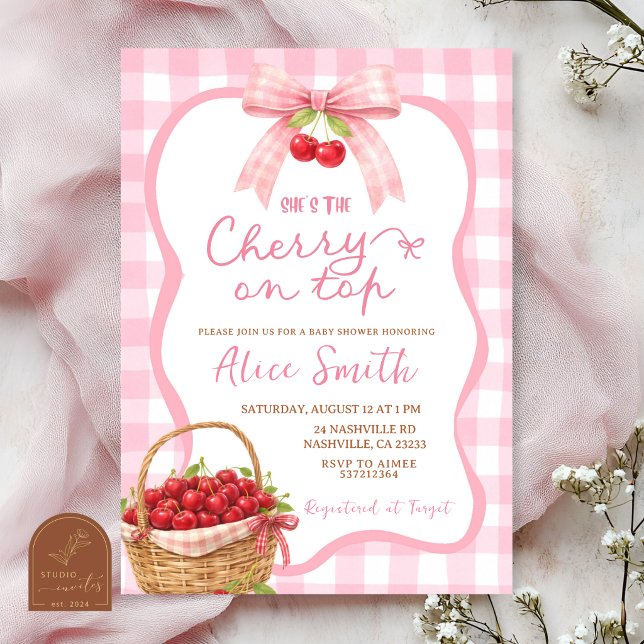 Invitación Fiesta de Bebé con Cereza sobre Plaid Gingham Rosa (Subido por el creador)