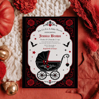 Invitación Fiesta de Bebé con Cochecito Gótico Rojo y Negro d