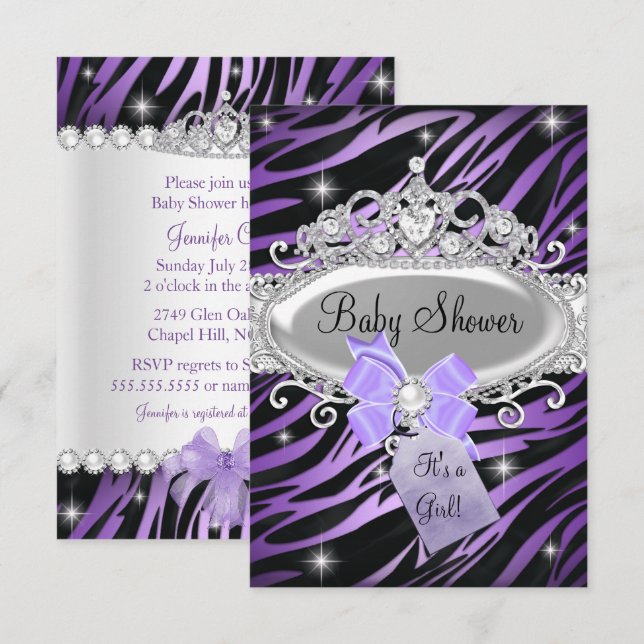 Invitación Fiesta de Bebé con Estampado de Cebra Morada y Tia (Anverso / Reverso)