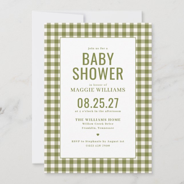 Invitación Fiesta de Bebé con Estampado de Gingham Verde sin  (Anverso)