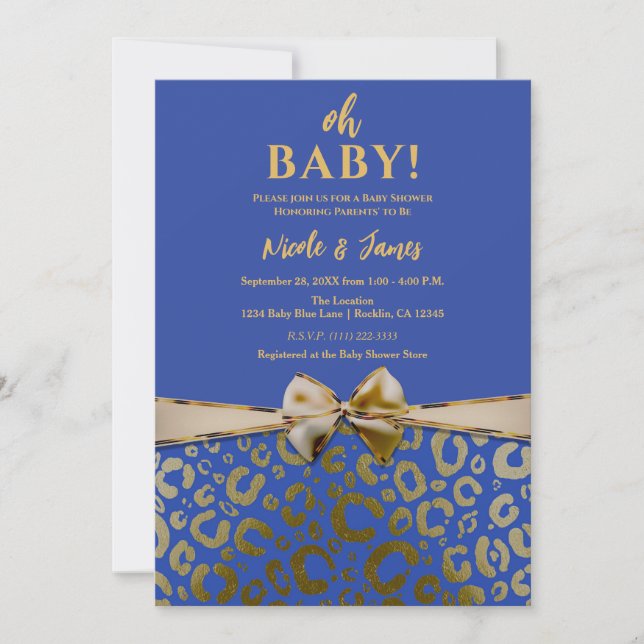 Invitación Fiesta de Bebé con Estampado de Leopardo Glam Azul (Anverso)