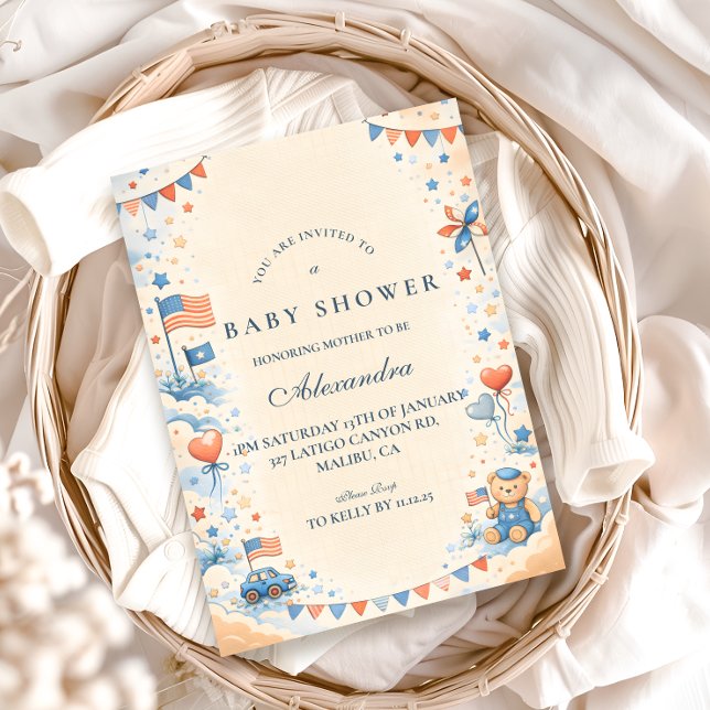 Invitación Fiesta de bebé con estrellas y barras patrióticas (Subido por el creador)