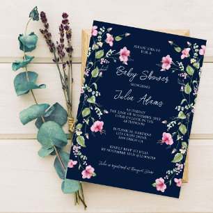 Invitación Fiesta de Bebé con Flor de Hibisco Rosa Azul Marin