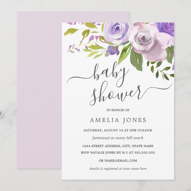 Invitación Fiesta de Bebé con Flores Acuarela Moradas (Anverso / Reverso)