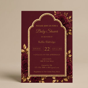 Invitación Fiesta de Bebé con Flores Borgoña y Dorado