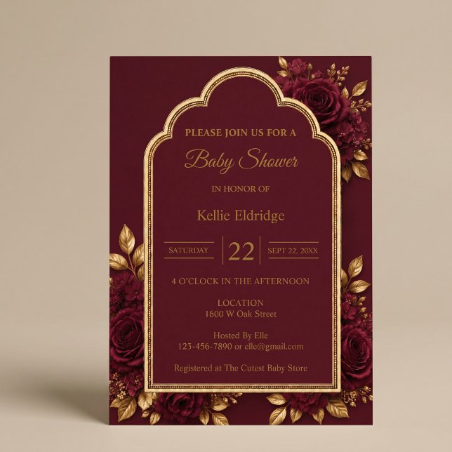 Invitación Fiesta de Bebé con Flores Borgoña y Dorado (Subido por el creador)