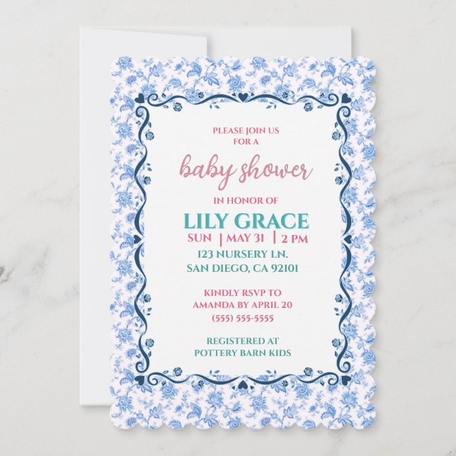 Invitación Fiesta de Bebé con Flores Elegantes, Lazo Azul Sha (Anverso)