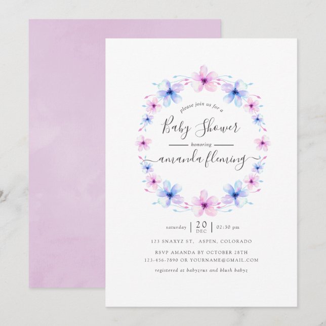 Invitación Fiesta de Bebé con Flores Rosadas y Azules Pastel (Anverso / Reverso)