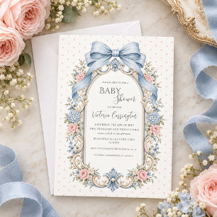 Invitación Fiesta de Bebé con Flores Rosadas y Lunares Vintag