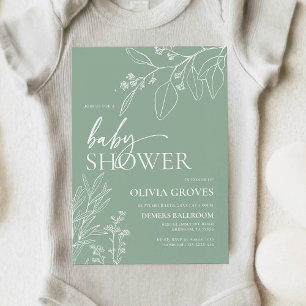 Invitación Fiesta de Bebé con Flores Verde Salvia