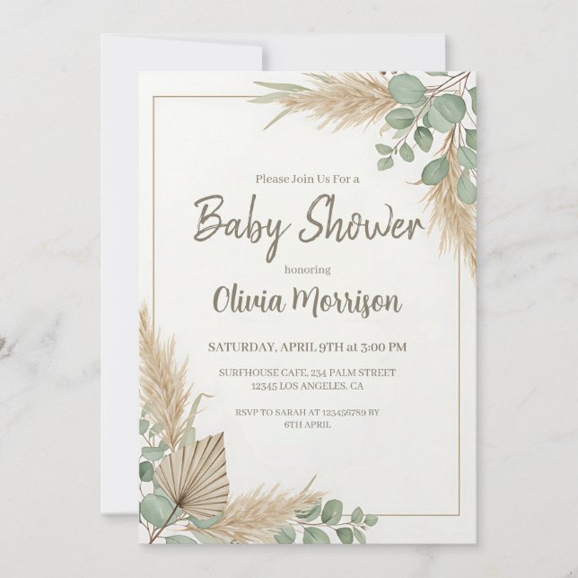 Invitación Fiesta de Bebé con Hierba de Pampas Boho (Anverso)