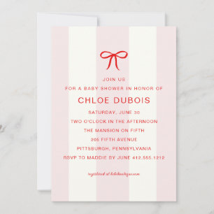 Invitación Fiesta de Bebé con Lazo Coquette Rosa Rayado