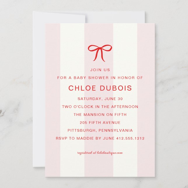 Invitación Fiesta de Bebé con Lazo Coquette Rosa Rayado (Anverso)