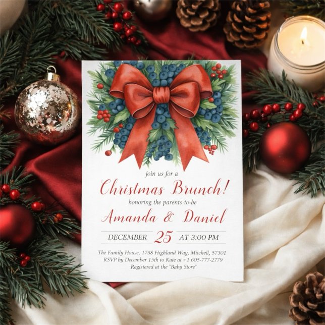Invitación Fiesta de Bebé con Lazo Rojo Brunch de Navidad (Red Bow Baby Shower Christmas Brunch Invitation)