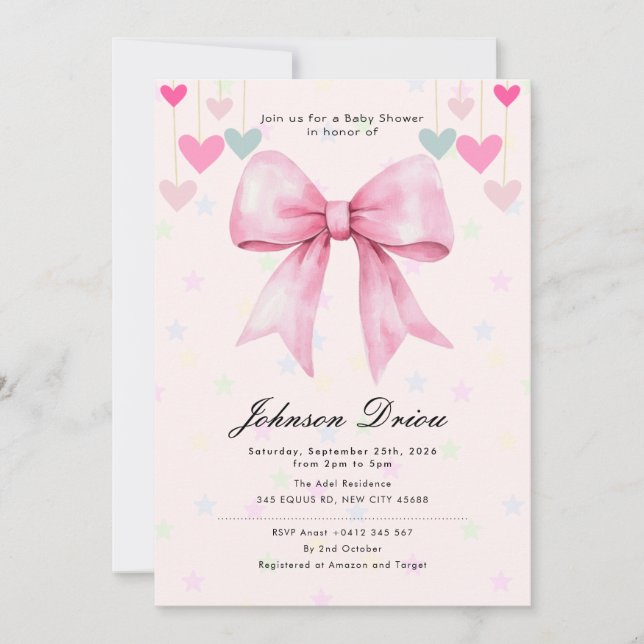Invitación Fiesta de Bebé con Lazo Rosa | Acuarela Elegante (Anverso)