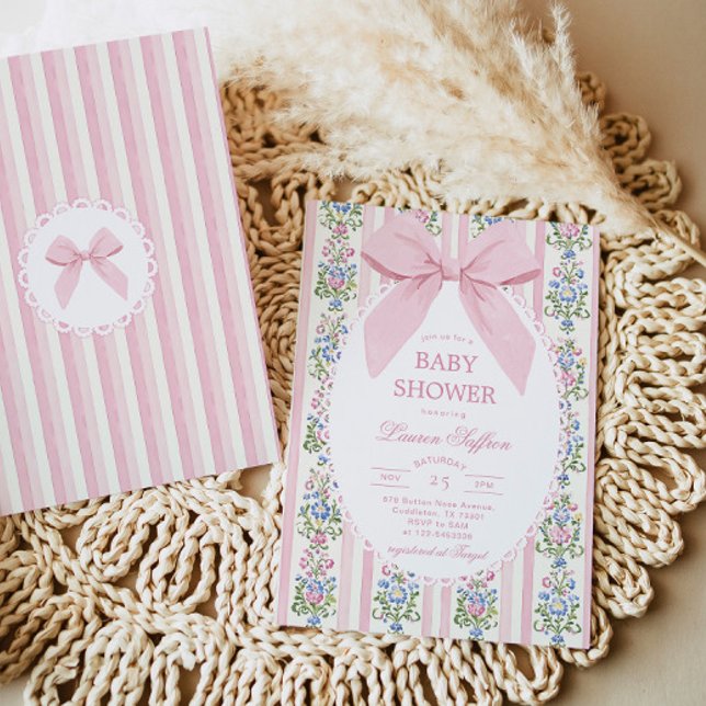 Invitación Fiesta de Bebé con Lazo Rosa Caprichosa (Subido por el creador)