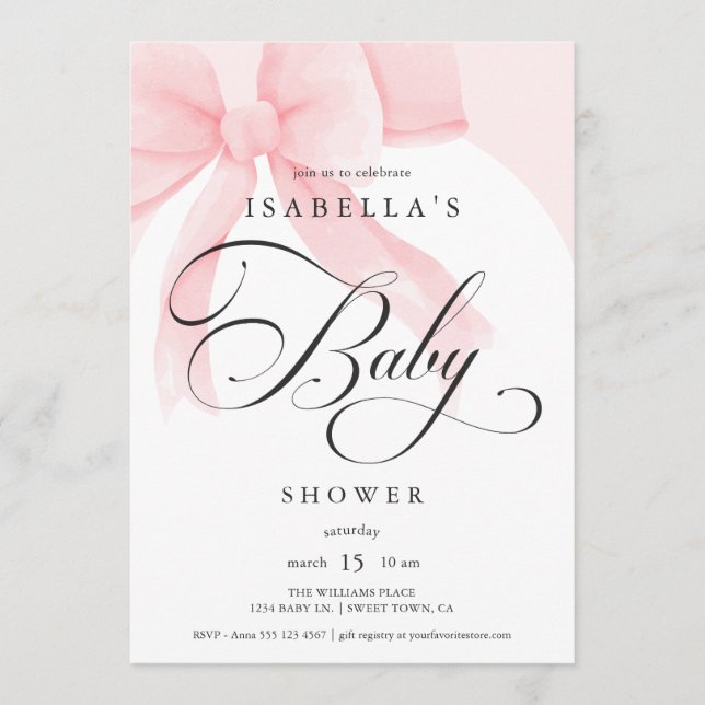 Invitación Fiesta de Bebé con Lazo Rosa de Letra Elegante (Anverso)