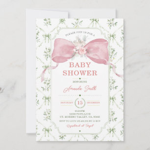 Invitación Fiesta de bebé con lazo rosa, floral de chinoiseri