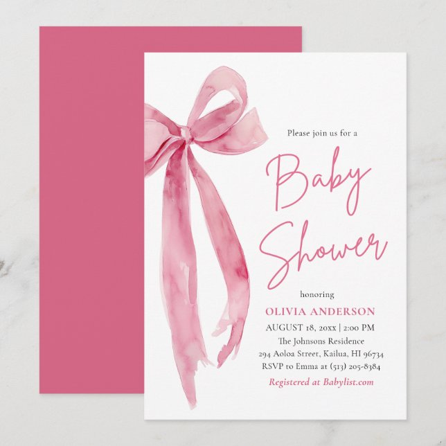 Invitación Fiesta de Bebé con Lazo Rosa Moderno y Adorable (Anverso / Reverso)