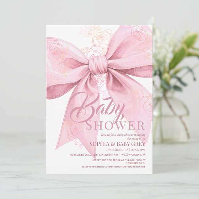 Invitación Fiesta de Bebé con Lazo Rosa Rubor (Anverso de pie)