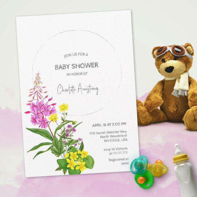 Invitación Fiesta de Bebé con Letra de Flor Silvestre Rosa Am (Vibrant Yellow Pink Wildflower Script Baby Shower Invitation ©Susanne Sachers - Sunny Mind Design  )