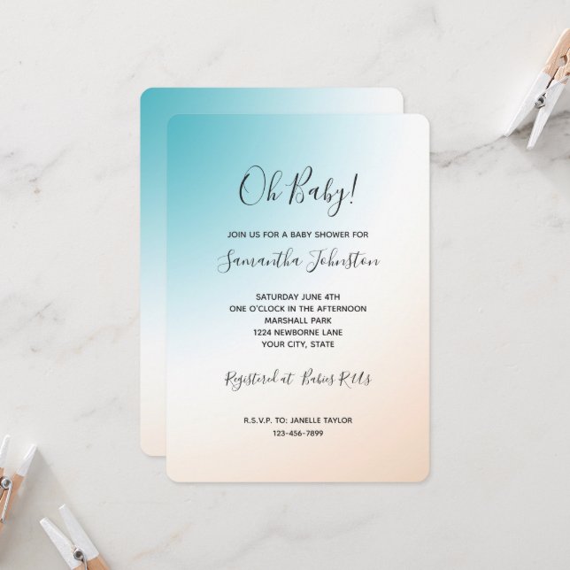 Invitación Fiesta de Bebé con Ombre Blanco y Aqua Melocotón (Anverso/Reverso In Situ)