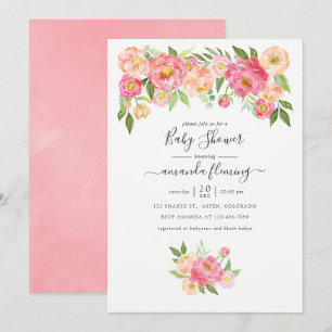 Invitación Fiesta de Bebé con Peonías Acuarela Rosa Pastel
