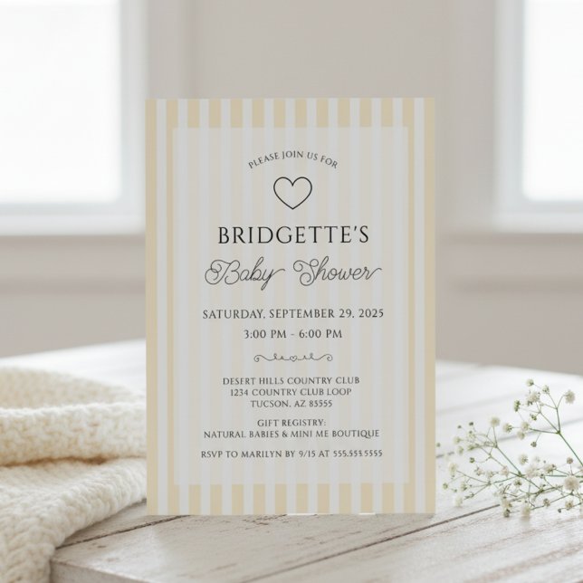 Invitación Fiesta de Bebé con Rayas Amarillas y Blancas Elega (elegant chic butter yellow and white stripes preppy baby shower invitations)
