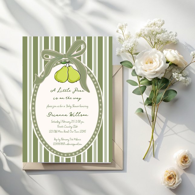 Invitación Fiesta de bebé con rayas retro en verde salvia per (Pear vintage sage green retro stripes preppy baby shower invitation cards template)