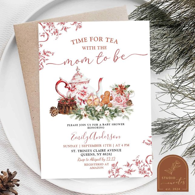 Invitación Fiesta de Bebé con Té de Chinoiserie Rojo de Navid (Subido por el creador)