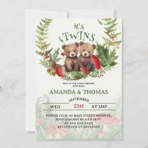Invitación Fiesta de Bebé con Tema Bosque de los Osos Gemelos