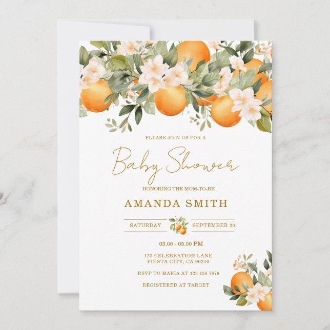 Invitación Fiesta de bebé con tema de cítrico naranja (Anverso)