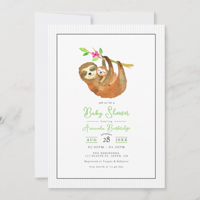 Invitación Fiesta de Bebé con Tema de Perezoso Adorable (Anverso)