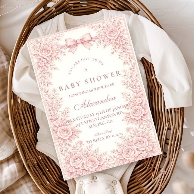 Invitación Fiesta de Bebé con Toile Floral Rosa (Subido por el creador)