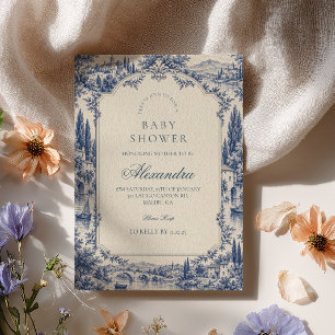 Invitación Fiesta de Bebé con Toile Índigo Clásico