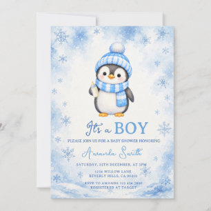 Invitación Fiesta de bebé copo de nieve azul invierno pingüin