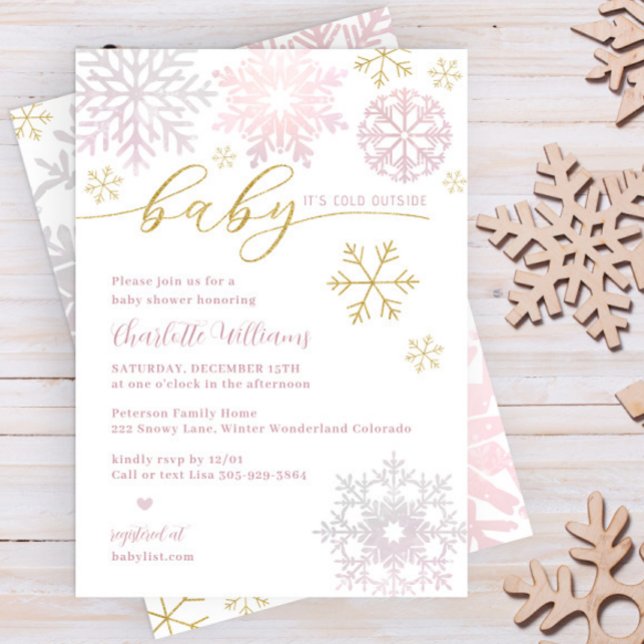 Invitación Fiesta de Bebé Copo de Nieve de Oro Rosa Invierno (Baby Girl Winter Shower Invitation in faux Glitter Gold and Blush Pink)