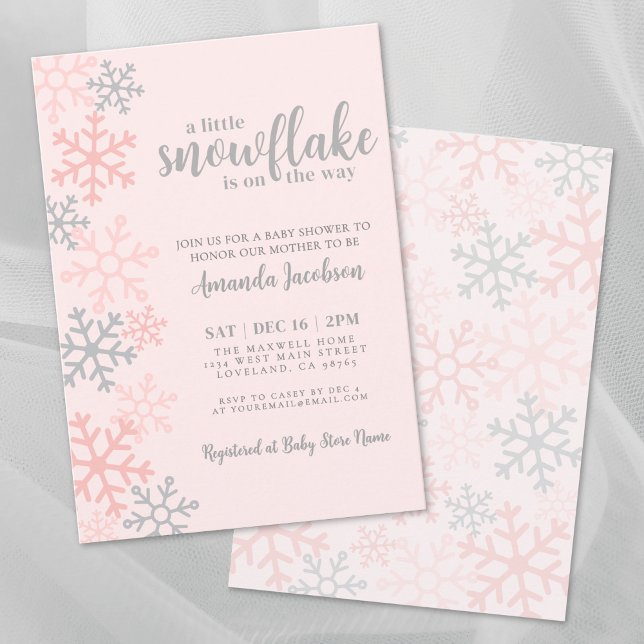 Invitación Fiesta de Bebé Copo de Nieve Rosa de Invierno (Snowflake Pink Winter Baby Shower Invitation)