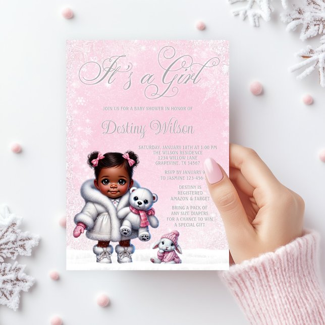 Invitación Fiesta de Bebé Copos de Nieve Rosa Invierno Mágico (Adorable baby girl winter wonderland baby shower invitation with pink snowflake background.)