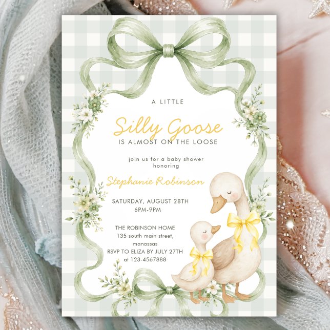 Invitación Fiesta de Bebé Coquette Bow Silly Goose Sage Gingh (Subido por el creador)