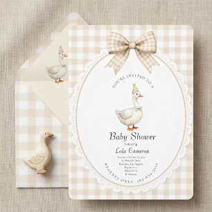 Invitación Fiesta de Bebé Coquette con lazo de gingham de gan