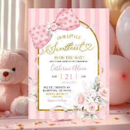 Invitación Fiesta de bebé Coquette con lazo de rayas rosadas