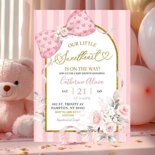 Invitación Fiesta de bebé Coquette con lazo de rayas rosadas (Subido por el creador)