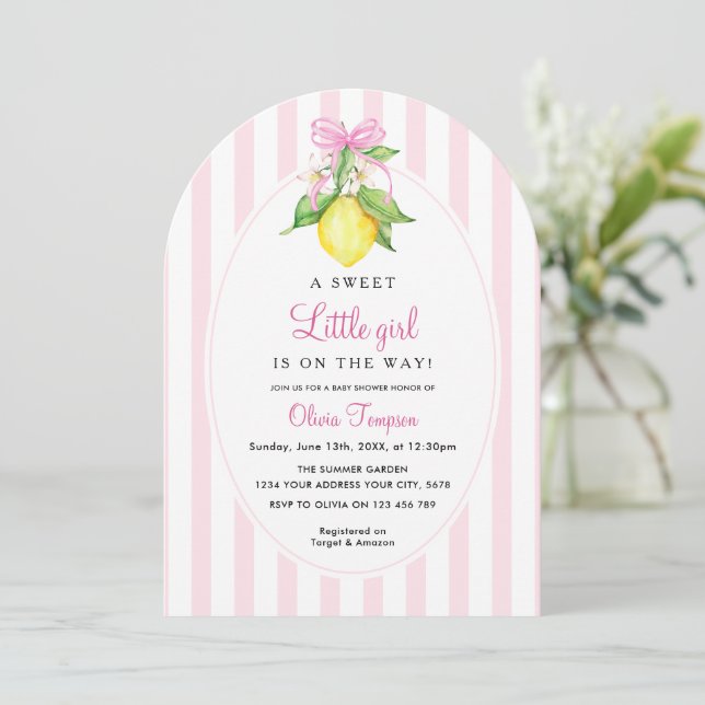 Invitación Fiesta de Bebé Coquette Limón Rosa (Anverso de pie)