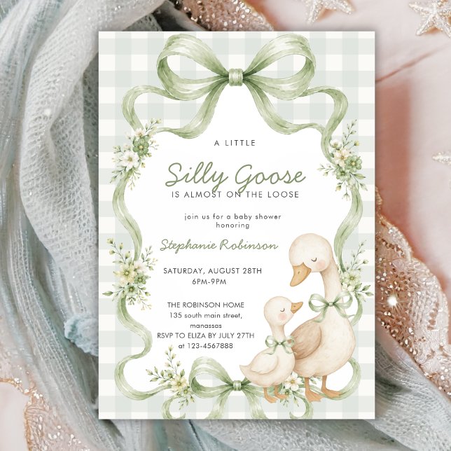 Invitación Fiesta de Bebé Coquette Silly Goose Sage Bow Gingh (Subido por el creador)